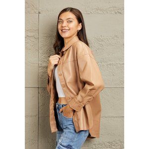 Vegan Leather Button Down Shirt Long Sleeves Solid Eco-friendly Casual Formal